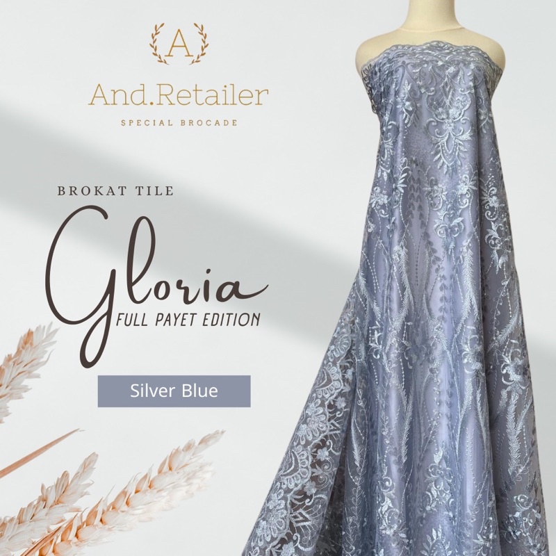 Bahan Kebaya Mewah Brokat Tile Payet Gloria Exclusive Warna Silver Blue