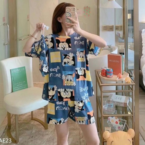 Piyama Baju Tidur Import Wanita Fashion Sleepwear Spandex Stelan Rumah Baju Santai Celana Pendek z-POUCH-Micky Ktk Biru