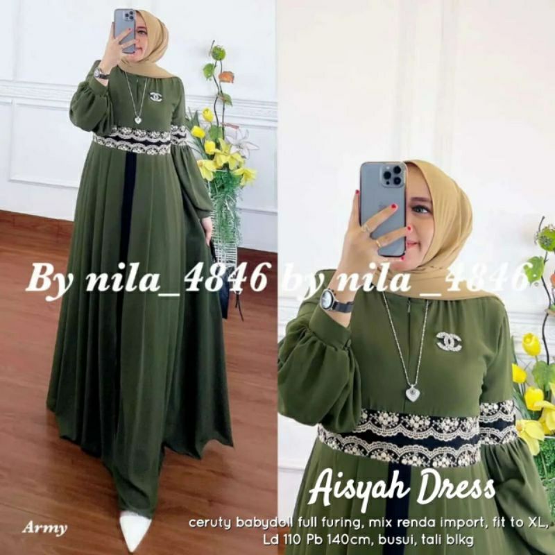 gamis pesta muslimah modern ceruty babydoll mix renda dress kondangan muslim aisyah