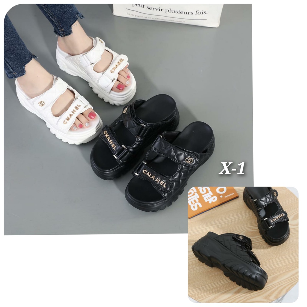 NEW ARRIVAL SEPATU WANITA WEDGES IMPORT KULIT CNAHEL TERMURAH KODE  X-1(SLOP) X-21(TALI BLKG)