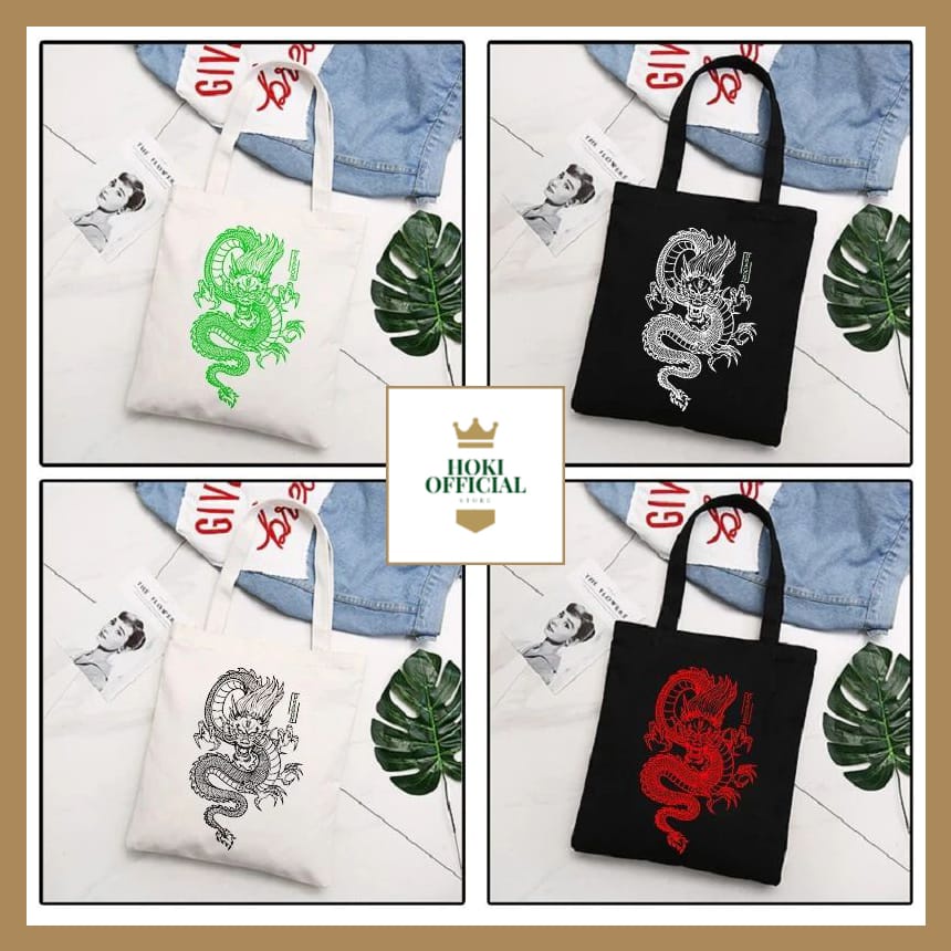 [COD] Totebag Kanvas Hitam Putih Motif Naga Pakai Resleting Tote Bag Polos HokiOfficial