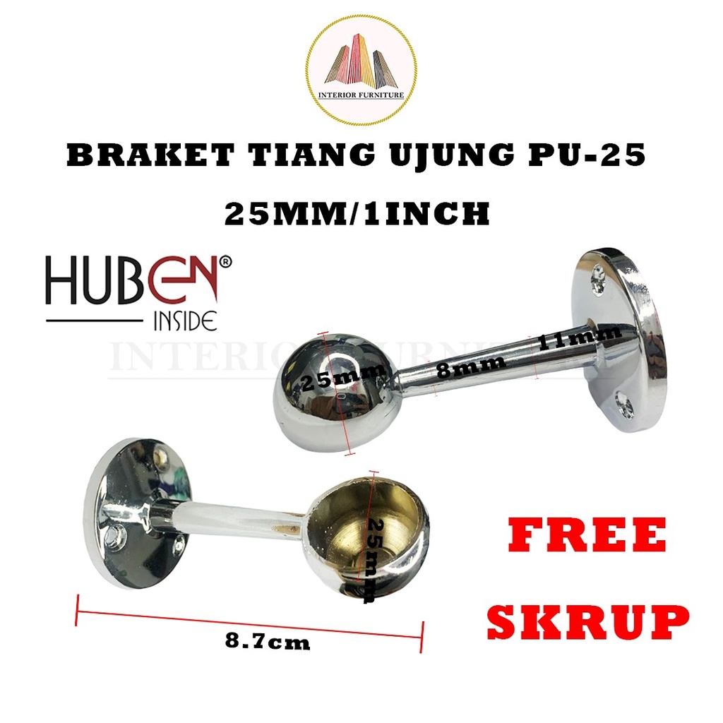 Bracket pipa sock tiang bulat aluminium chrome ss tembus dan buntu 1inchi (25mm)