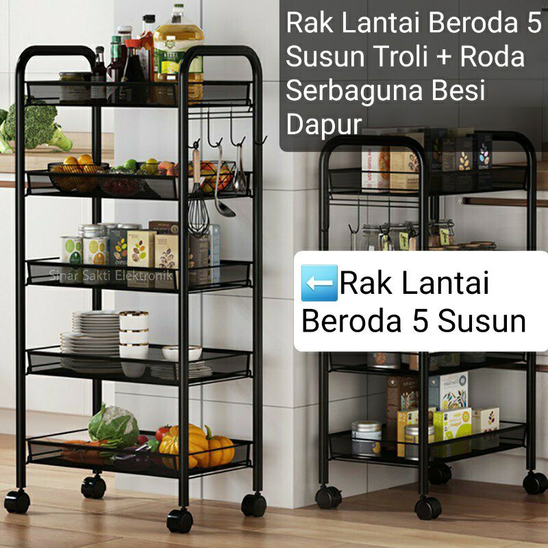 Rak Dorong Beroda 5 Susun Troli Dapur Penyimpanan Serbaguna Roda Malang