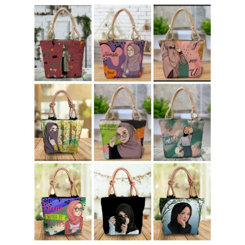 Tas Tote Bag Kanvas Wanita Tali Sumbu