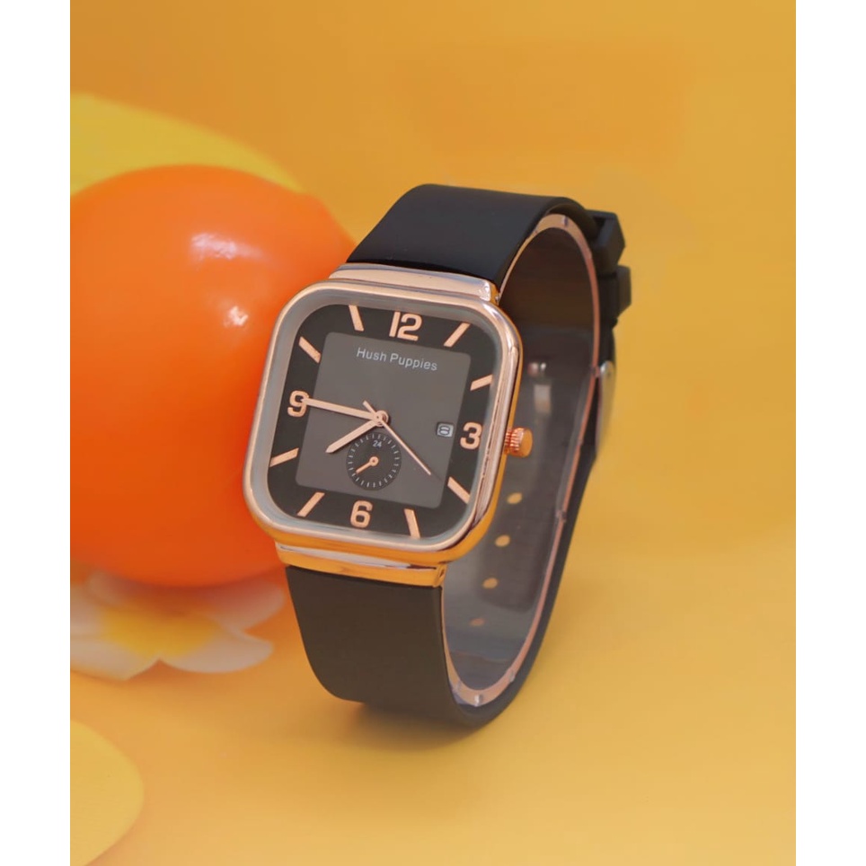 BAJ Jam Tangan Wanita Pria Hush Puppies segi Premium Strap Rubber Import Grosir Tanggal Aktif HP012