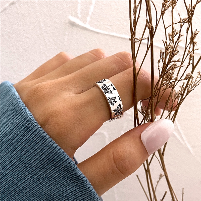 Vintage Butterfly Ring Retro Silver Letters Finger Rings for Women Jewelry Accessories Couple Ring