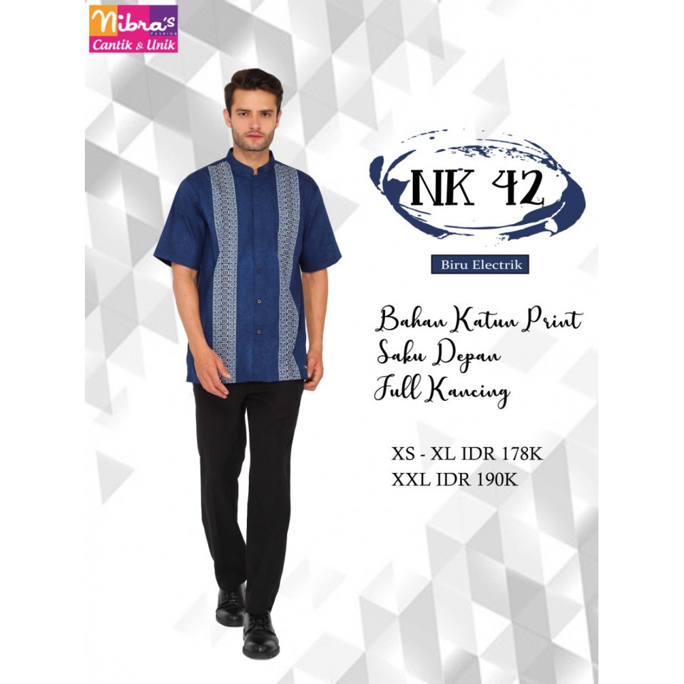 NIBRAS KOKO MUSLIM NK 42 BIRU ELEKTRIK BAHAN COTTON PRINT LENGAN PENDEK TERBARU