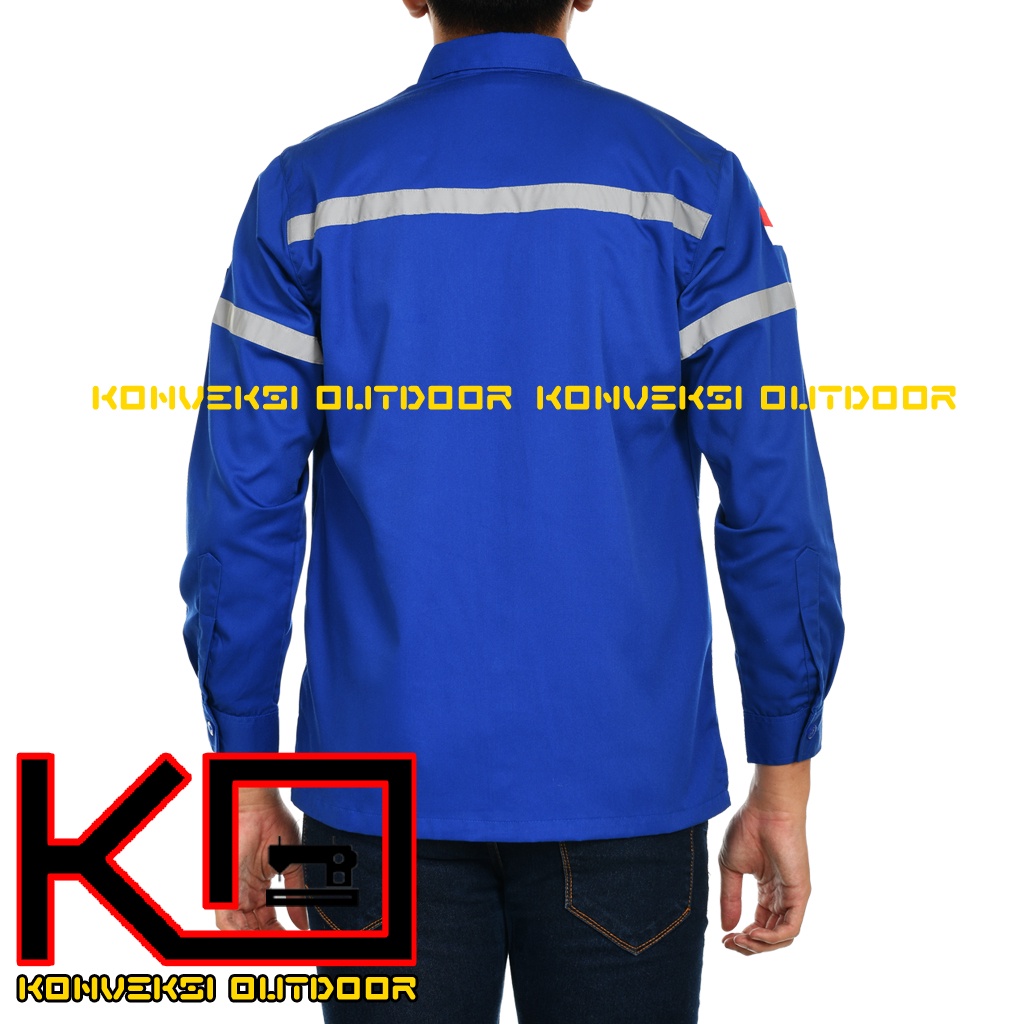 Kemeja Safety Pria Lengan Panjang - Pakaian Kerja Baju Proyek Wearpack Safety K3 Lapangan Outdoor Scotlite Indonesia Tebal Tambang Listrik Mekanik Teknisi Mesin Bangunan Werpack Driver Operator PLN Intalasi Listrik Enginer Teknik Sipil Kilang Warna Biru