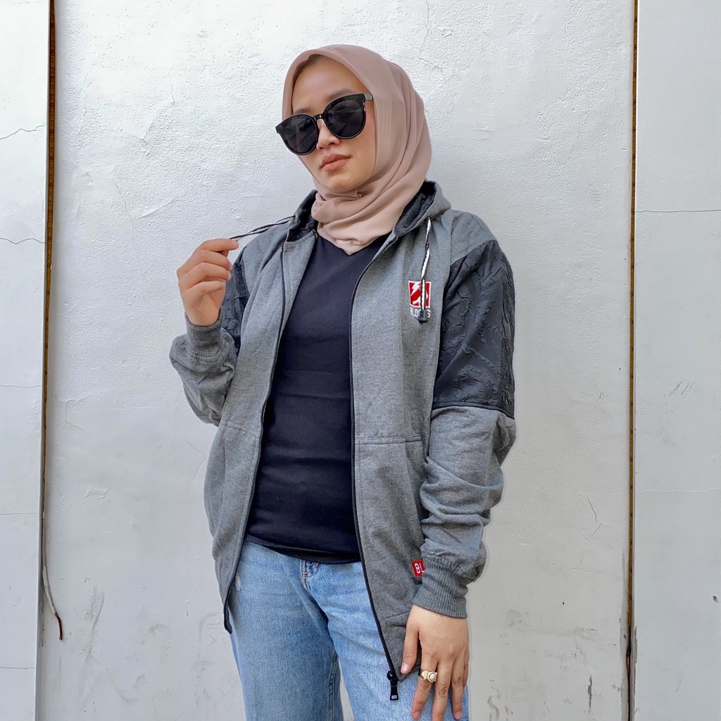 Jaket Sweater Zipper Bordir Kombinasi Qwilting ABU TUA BLDS