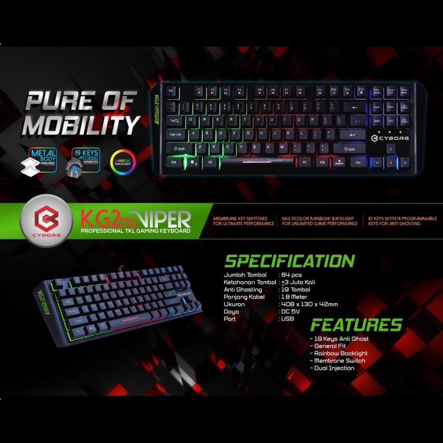Keyboard Gaming CYBORG VIPER KG2 TKL 87 Keys Membrane Anti Ghosting