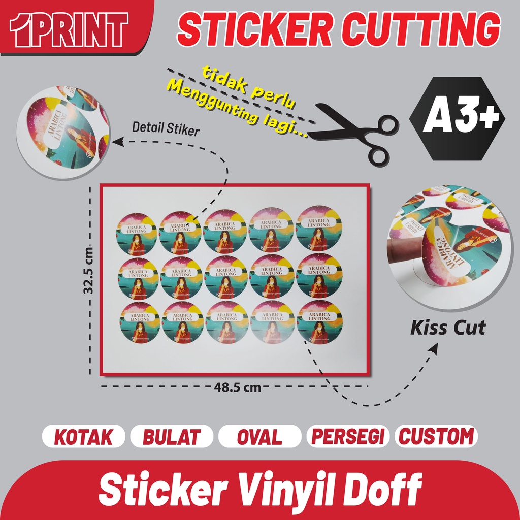 Cetak Sticker Vinyl A3+ | Print Stiker Vinyl A3 | Glossy/Doff/Transparant | Print + Kiss Cut