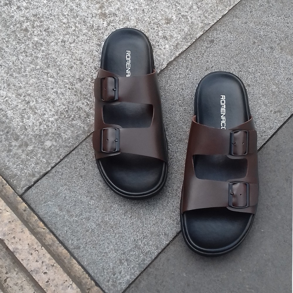 Romenaco R005 Upper Kulit Sapi Kolektif Asli Sandal Pria  Black Brown