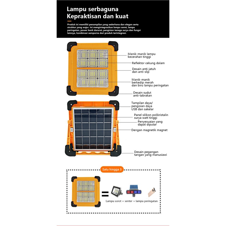 Lampu Sorot  Led  Portable Usb Rechargeable Tenaga Surya Untuk Darurat / Camping / Outdoor/SOS Warning Lampu