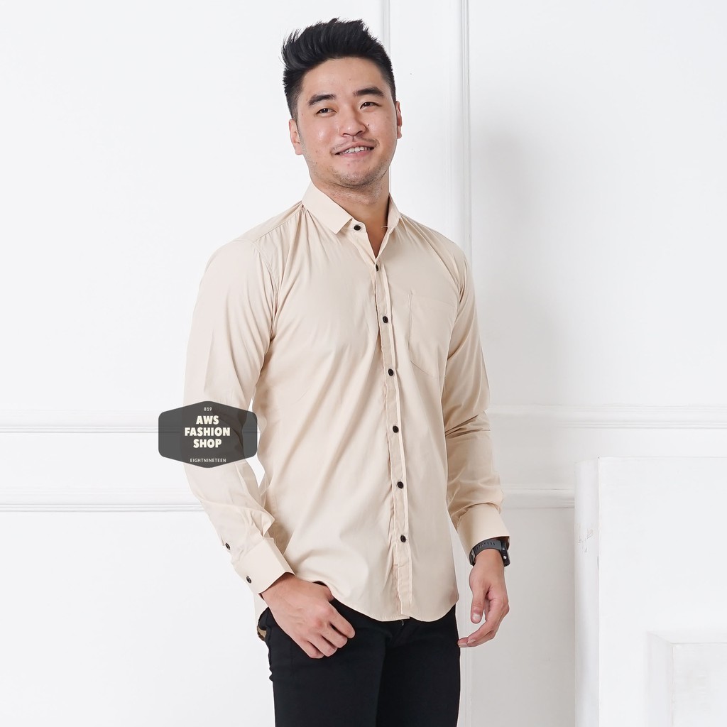 Kemeja Pria Lengan Panjang Polos Cream Krem Kemeja Slimfit Kemeja Polos Casual 819 - EightNineTeen