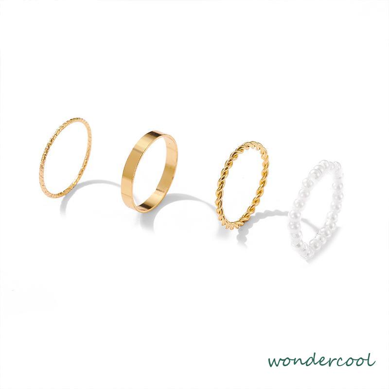 Korea Wanita Mutiara Cincin Wanita Emas Cincin Logam Set Fashion Perhiasan Aksesoris-Won