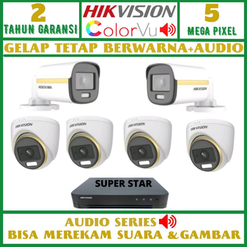 PAKET CCTV HIKVISION COLORVU 8 CHANNEL 6 KAMERA 5MP AUDIO SIANG MALAM BERWARNA