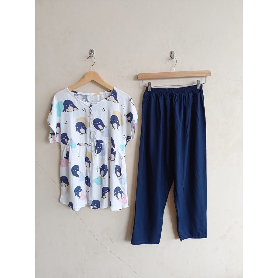 SETELAN BAJU TIDUR PIYAMA WANITA ONE SET PAJAMAS RUFFLE KANCING BUSUI CELANA PANJANG-3