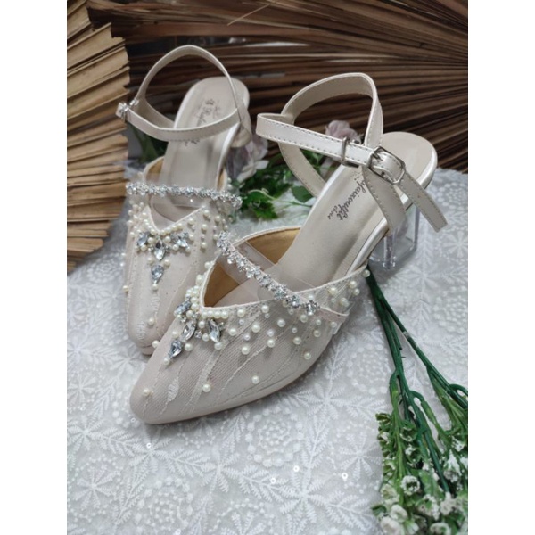 sepatu pesta wanita diamont broken white 7cm kaca