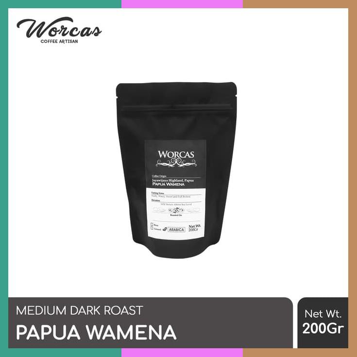

Kopi Arabica Papua Wamena 200 Gram Biji/Bubuk Worcas Coffee Kopi Biji