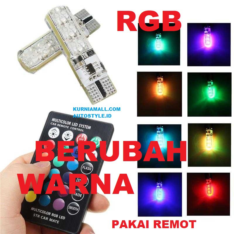 Lampu senja LED RGB Mobil T10 6 SMD 5050 5W 12V 2pcs lampu tusuk T10 berubah warna remot control