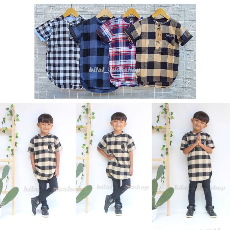 KEMEJA KURTA KOTAK LAKI LAKI BAHAN KATUN FLANEL LENGAN PENDEK 1-12th