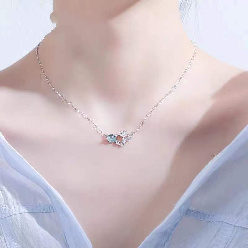 Kalung Fashion Chain x Necklace Blue Crystal Planet Sapphire Clavicle Pendant Necklace Fashion Jewel