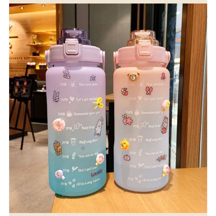 READY! Botol Minum Anak Gradiasi Warna Pastel /Botol Minum Motivasi dengan Penanda Waktu Kapasitas 2L/TUMBLER
