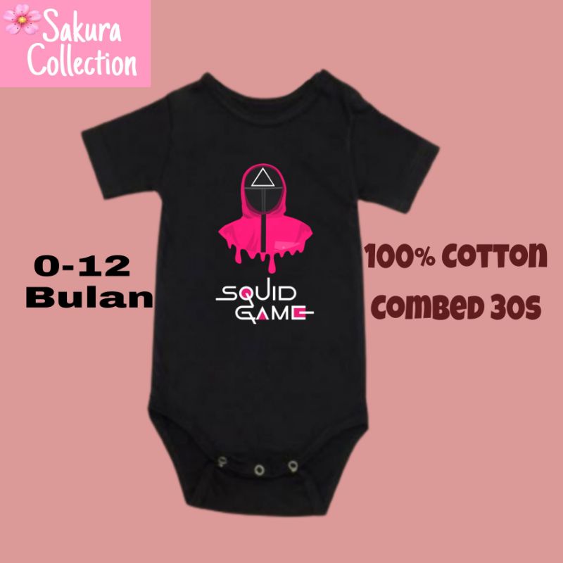 Kaos baju bayi jumper baby kids pendek SQUID GAME netflix film movie 2 logo tulisan usia 0 1 2 3 4 5 6 7 8 9 10 11 12 bulan sampai umur 1 tahun adem jumpsuit babysuit romper bodysuit little anak kecil hitam style laki laki perempuan unisex nyaman lembut