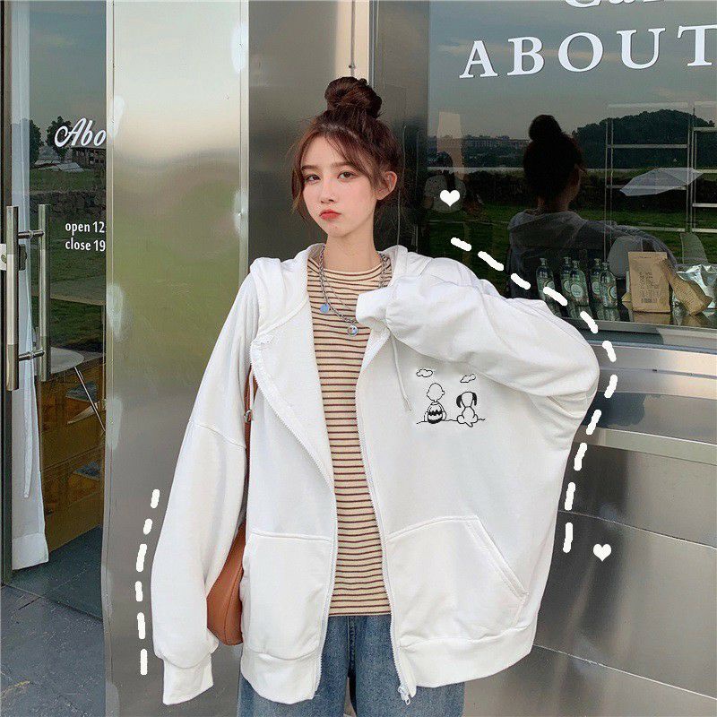 S - XXXXXL(6XL) Zip Hoodie SNOOPY Cute Dog Korean Fashion Pria Wanita BIG SIZE OVERSIZE Jumbo 6XL 5XL 4XL 3XL 2XL XL L M Jaket Resleting Kawaii Harajuku Jaketin aja Hitam Putih