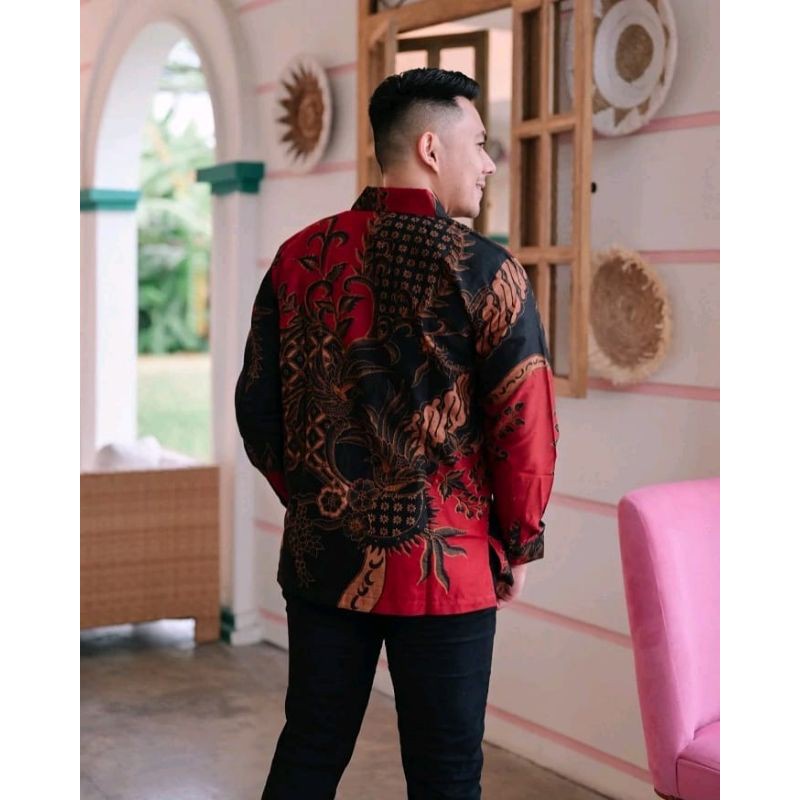 BATIK KASUAL WARNA MERAH KEMEJA BATIK FORMAL / PESTA TERBRU BATIK LENGAN PANJANG WARNA MERAH