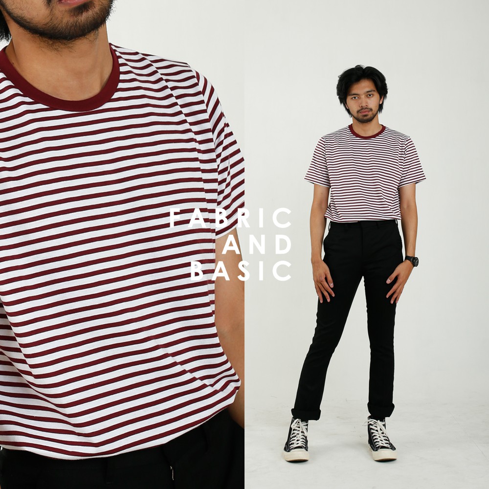 Kaos Stripe Pria Classic Maroon Cotton Combed 30s - Kaos Garis Garis Unisex Pria Wanita