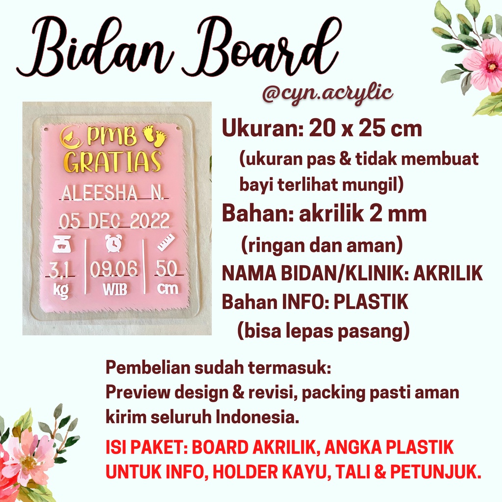 BIDAN Hospital Board Akrilik Acrylic Announcement Biodata Baby Bayi Newborn Kado Mewah Bagus