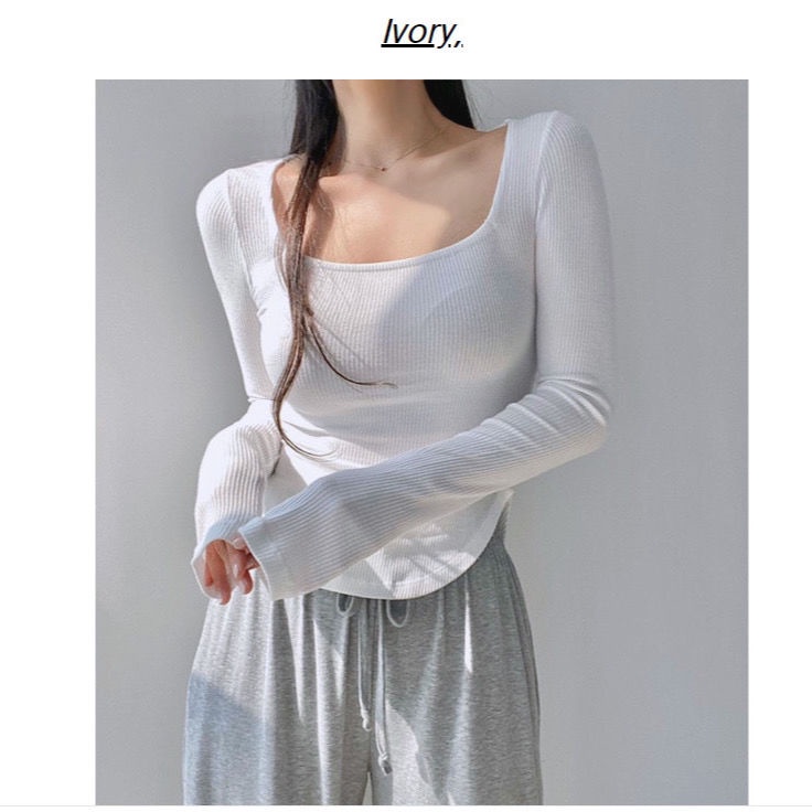 #Sisjuly# Kaos Peregangan Kurus Leher Persegi Lengan Panjang Kaos Bawahan U Hem