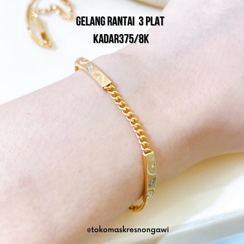 gelang emas rantai 3 plat kadar 375/8k emas asli