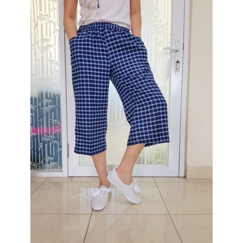 Celana Kulot Wanita Hijab Muslim Kain Flanel Motif Garis Kotak B