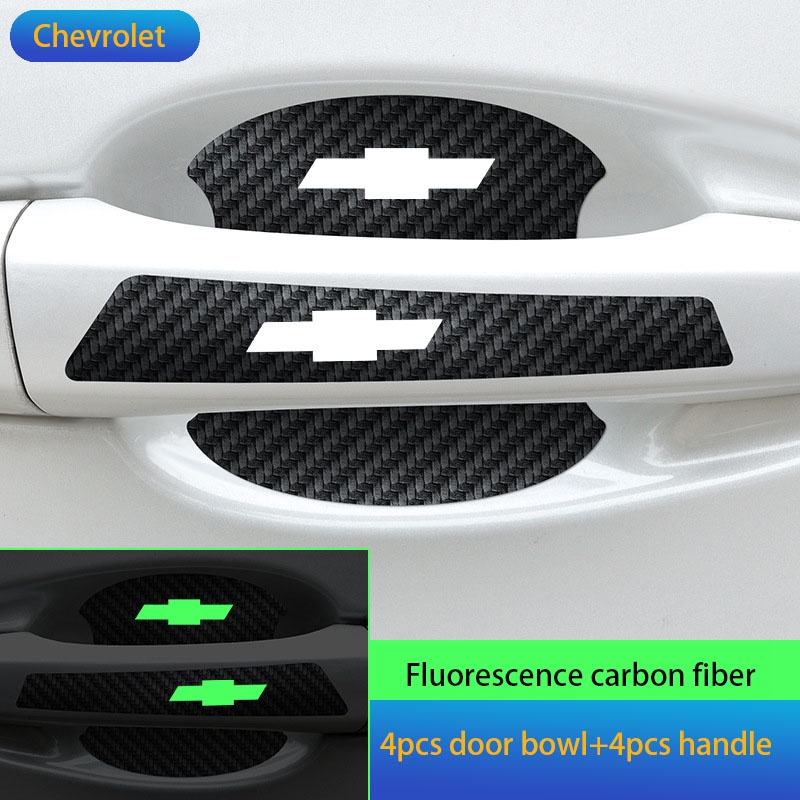 8pcs Carbon Fiber Illuminated Door Handle Protector Sticker Pelindung Mangkok Pintu Untuk Chevrolet Onix Cruze S10 Omega Prisma Celta Astra Sonic Aveo Spark Trax Cavailier Colorado