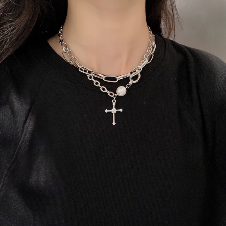 Unisex punk cross rhinestone necklace hip hop street metal Fashion necklace for women