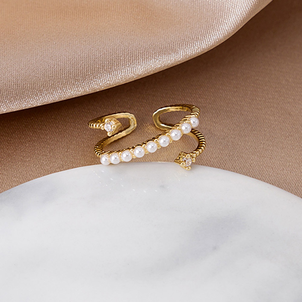 Cincin Model Terbuka Desain Geometri Hias Mutiara Imitasi Adjustable Untuk Wanita