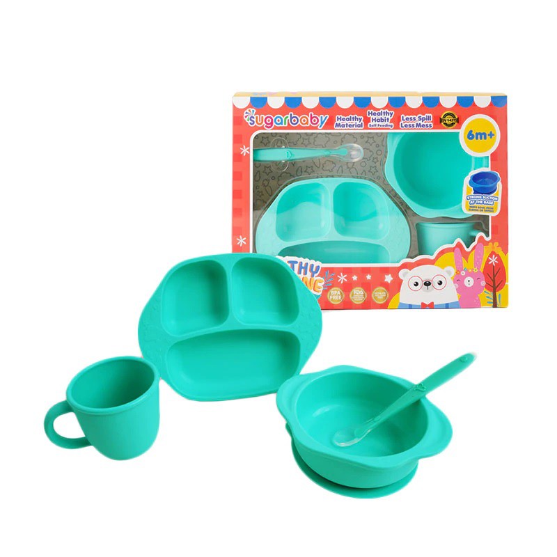 Sugar Baby Healthy Silicone Feeding Set - Piring + Sendok + Mangkok + Gelas Silikon (Isi 4)