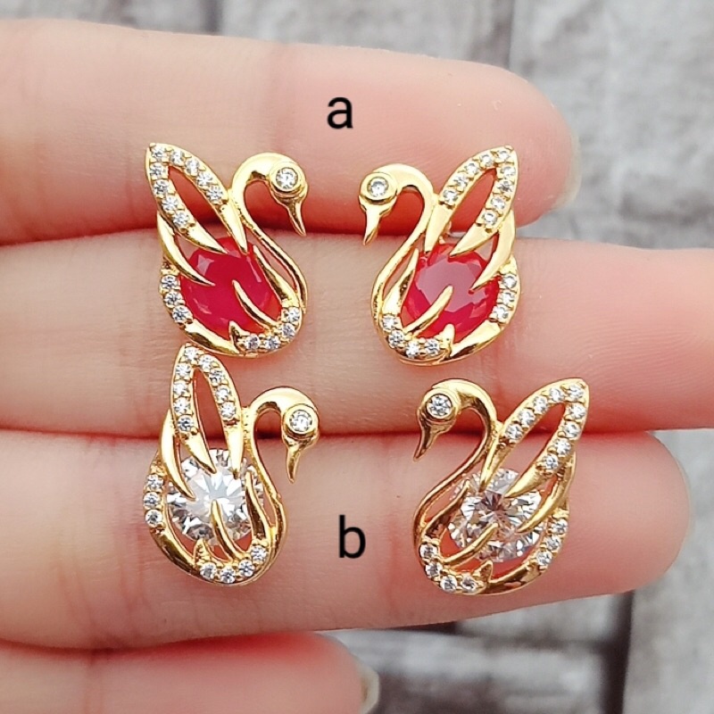Anting angsa mata zirkon putih dan batu mirah