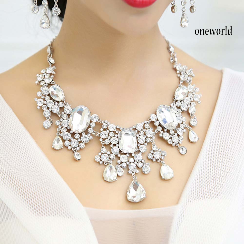 OW@ 2Pcs/Set Shiny Full Rhinestone Tassel Bridal Statement Bib Necklace Earrings