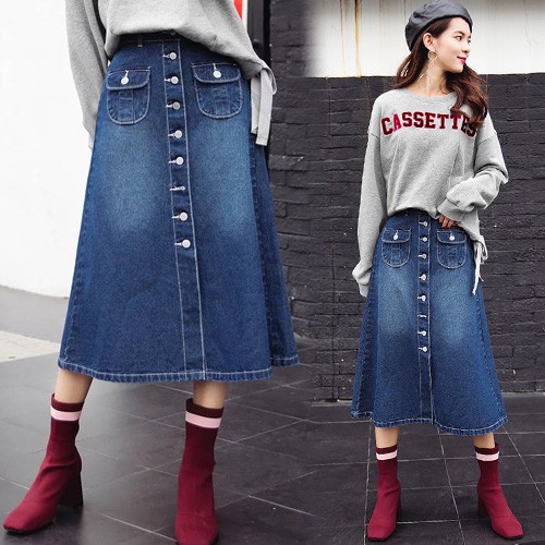 KARAKOREA 6133 Zia Denim Skirt Rok Jeans Rok Denim Rok Panjang/Rok jeans wanita/Rok Jeans Korea/Rok wanita