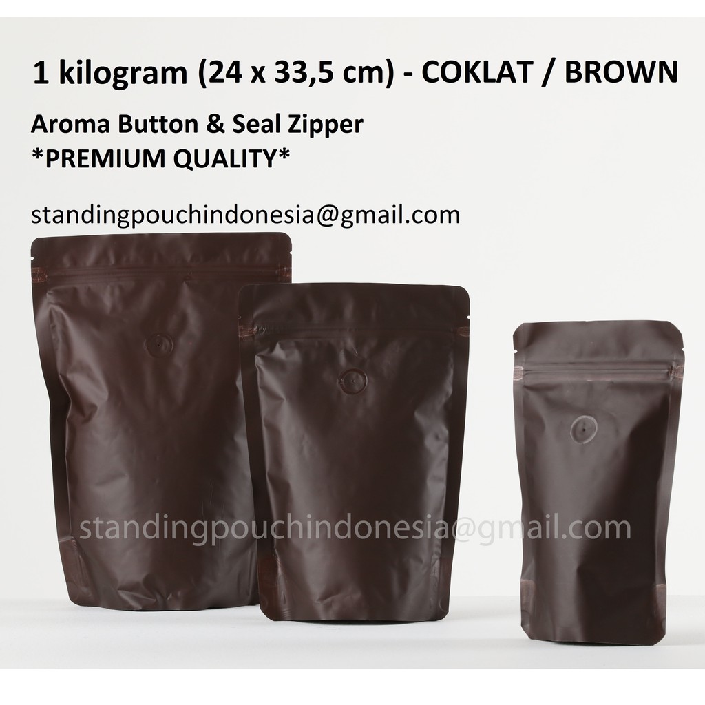 

Kemasan Kopi Standing Pouch 1 kilogram (50PCS) (VALVE + ZIPPER) COKLAT *PREMIUM*