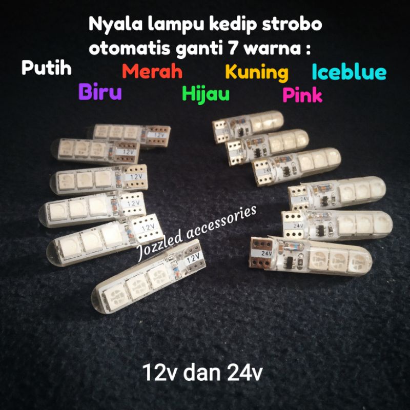 T10 Jelly RGB 6led 7warna Kedip Strob 12v 24v Otomatis Ganti warna