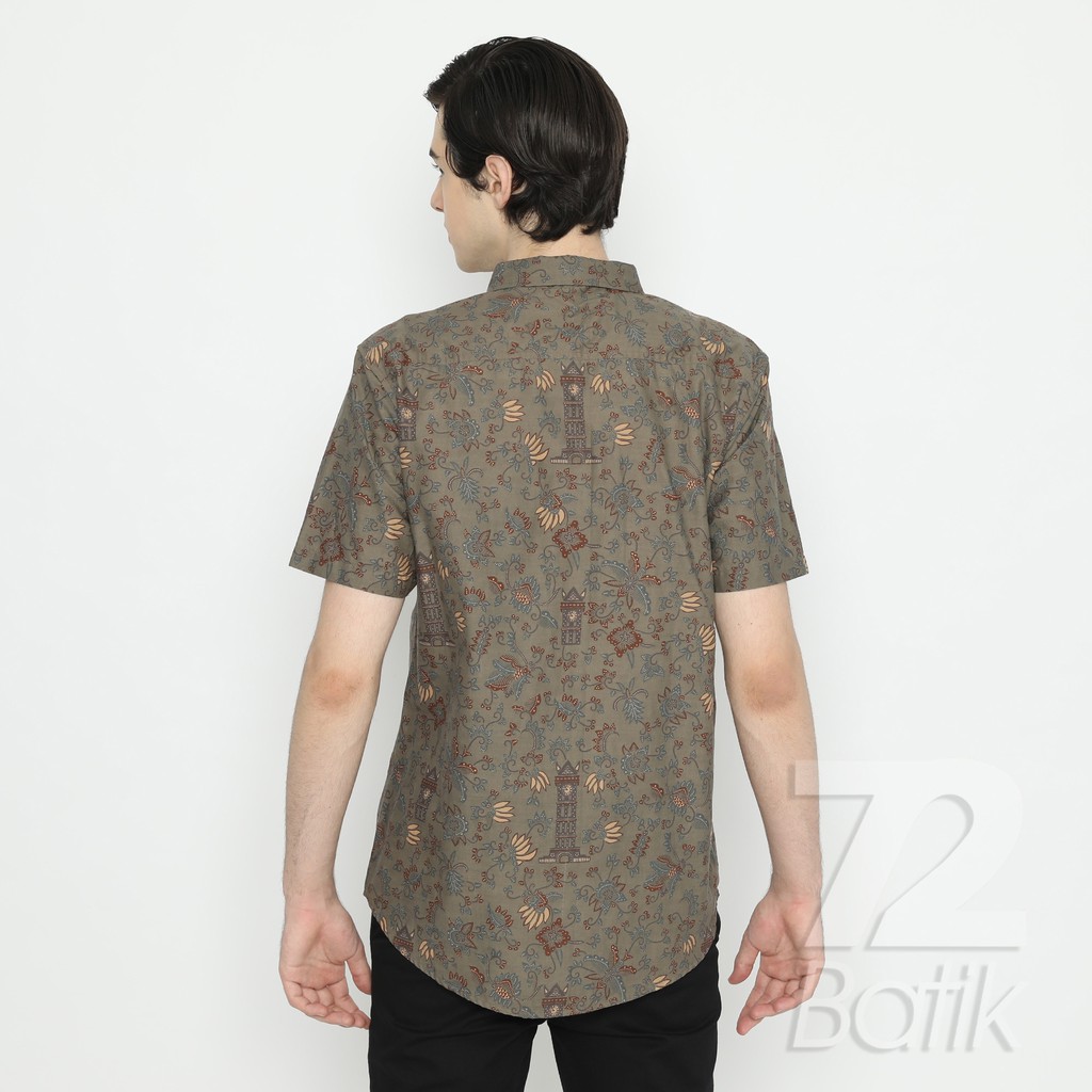 KEMEJA BATIK PRIA Lengan Pendek Slimfit Premium Motif Jam Warna Hijau Abu 725772 Cap 72 - Baju Kemeja Atasan Pakaian Setelan Batik Pria Cowok Laki Laki Remaja Keluarga Kantor Lengan Pendek Modern Slimfit Slim Fit Premium Kekinian