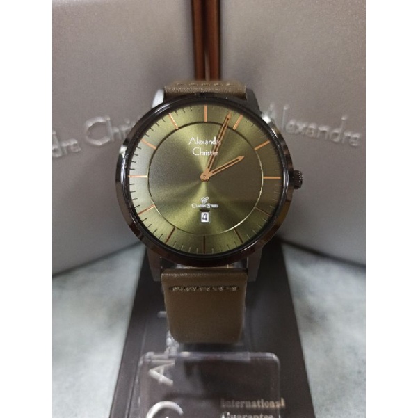 Jam Alexandre Christie AC 8639 MD LIP Hitam Pria Kulit Hijau Bulat