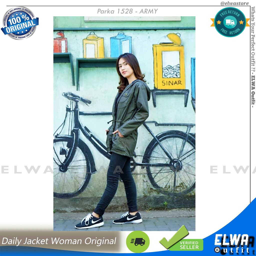 PARKA 1528 HIJAU ARMY Jaket Parka Wanita Jaket Motor Hoodie Harian Cewek Bahan Taslan Parasut