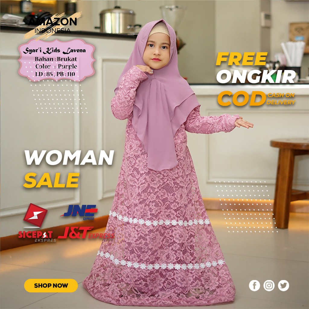 PAKAIAN MUSLIM ANAK PEREMPUAN WARNA PURPLE BAHAN BRUKAT GLITTER ORIGINAL KOMBINASI RENDA MEWAH IMPOR