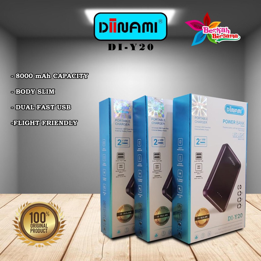 BM084 Powerbank diinami DI-Y20 real 8000mah led dual usb quick charge Fast Charging BB1476