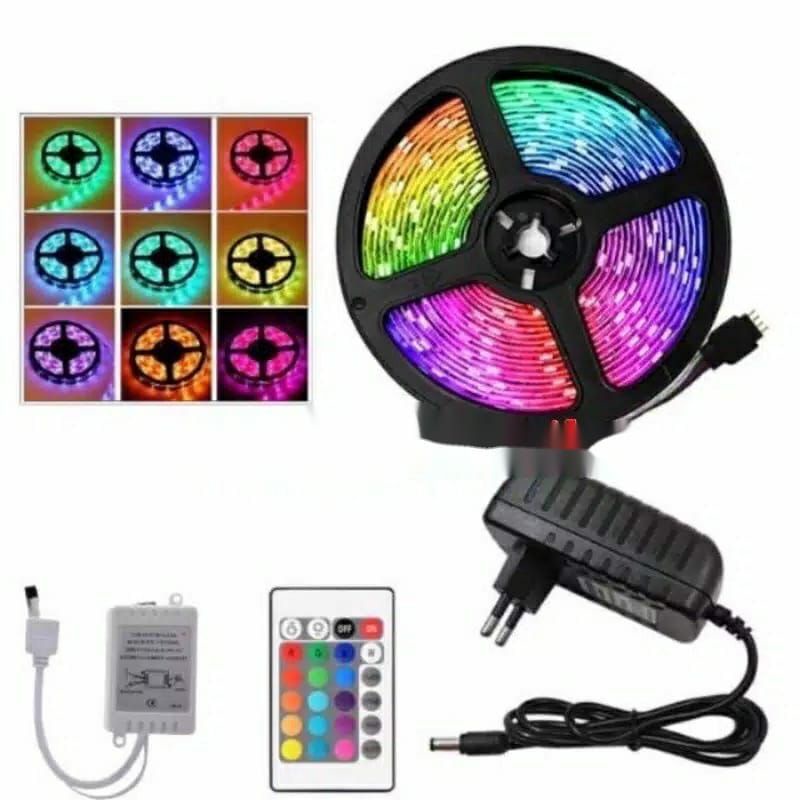 LAMPU LED  STRIP 3528 5050 RGB WARNA WARNI IP44 5M AC 220V + ADAPTOR + REMOTE 3528 5050